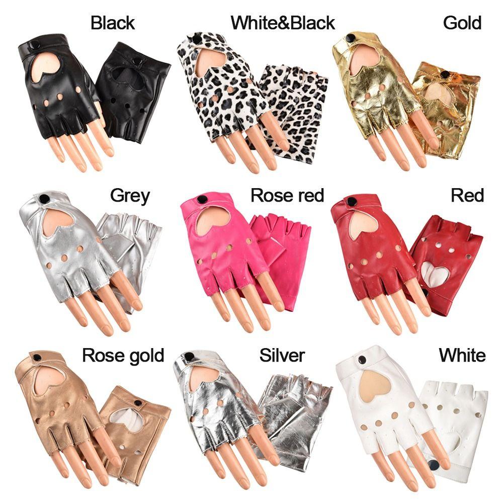 Women Men Dance Mittens Heart Mittens Five Finger Gloves PU Leather Gloves Ladys Driving Dress