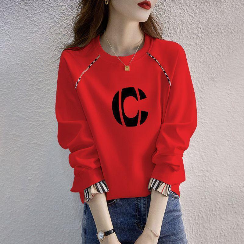 Women's Loose Fit Cotton Pullover - Korean Style, Long Sleeve, Round Neck, Fake Two-Piece, 2025 Spring/Autumn Collection