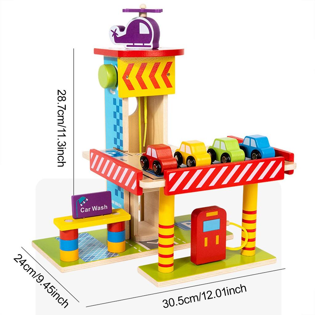 Wooden Parking Garage Playset Pretend Toy, Kids Gifts Educational Simulation Realistic Petrol