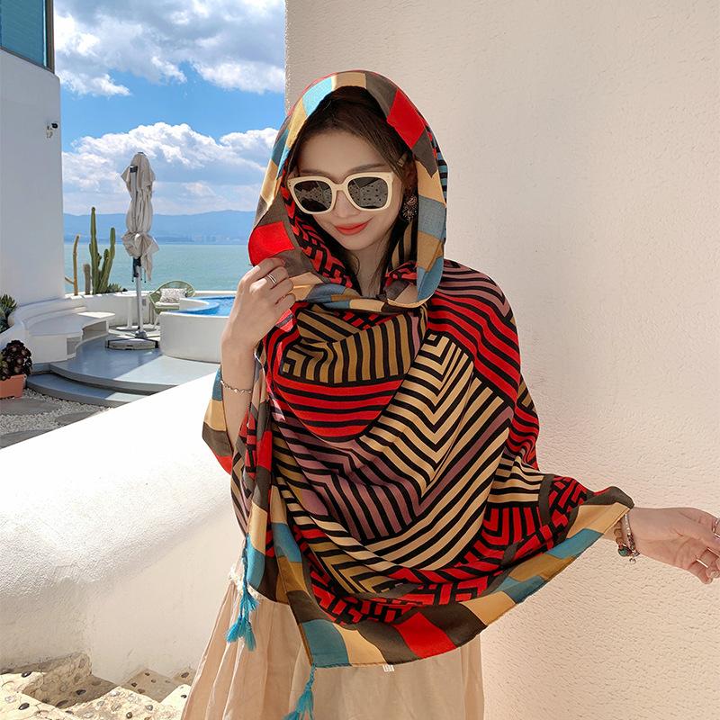 Summer cotton and linen feel scarf travel silk scarf sun protection air conditioner large shawl women's beach towel ethnic style scarf