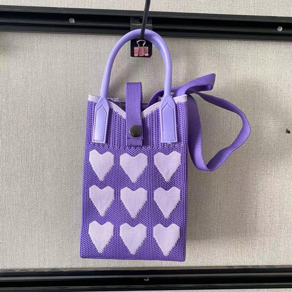 Women Cartoon Knitted Handheld Outdoor Crossbody Bag Leisure Cute Inclined Shoulder Bags Snap Button Mobile Phone Bags