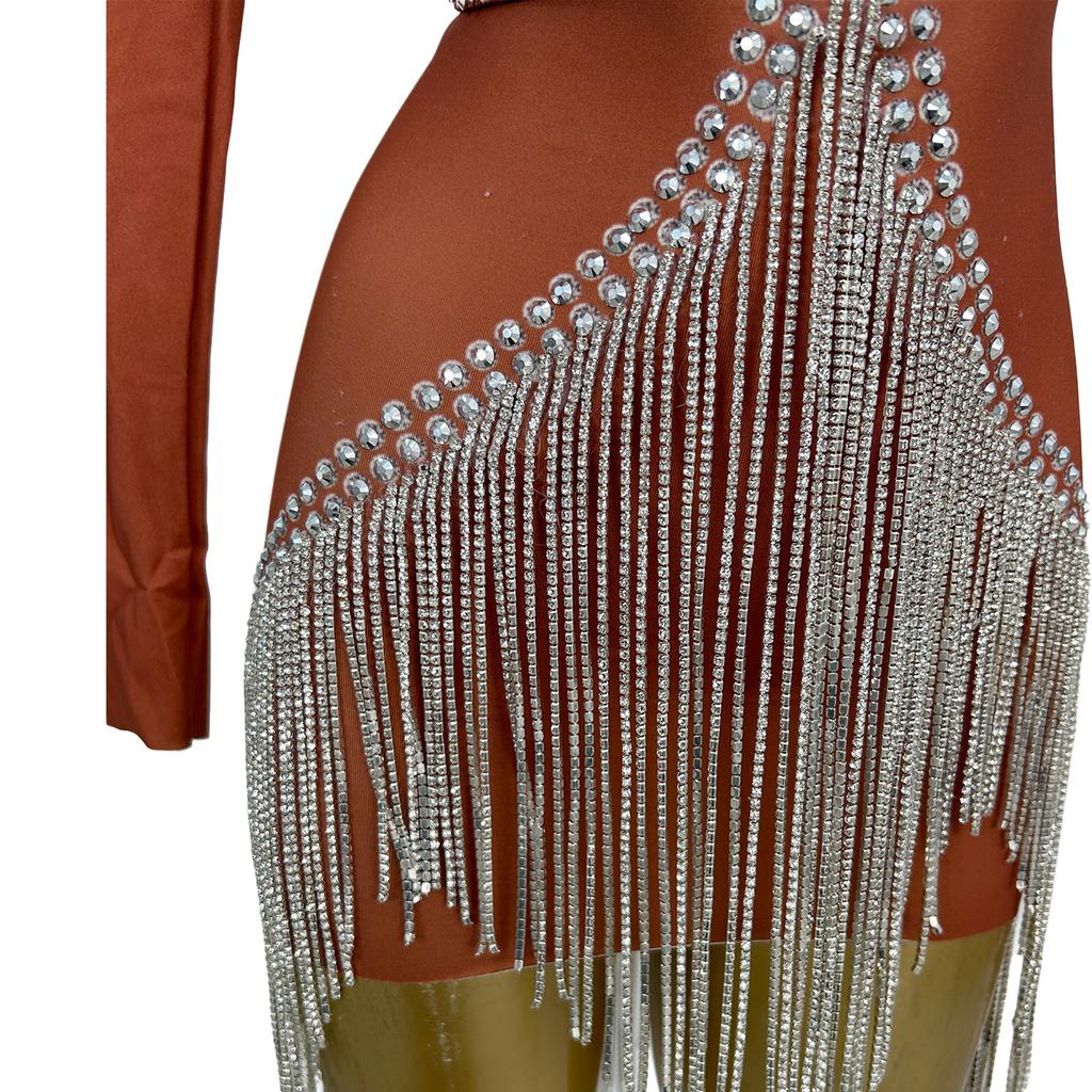 Sexy Deep V Neck Chains Rhinestone Night Club Party Hip Wrapped Dress Dance Festival Costume Bodycon Tassel Cocktail Prom Dress