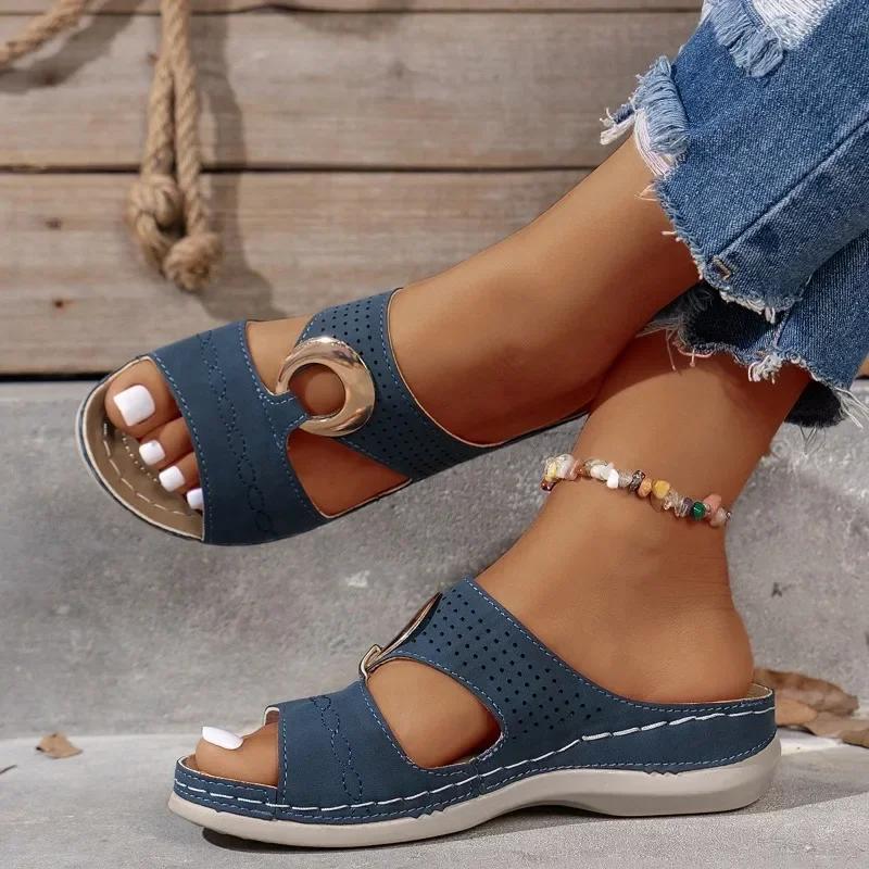 Women's Slip On Platform Wedge Open-Toe Sandals Retro Metal Buckle Summer Beach Casual Slippers Comfortable Ladies Shoes