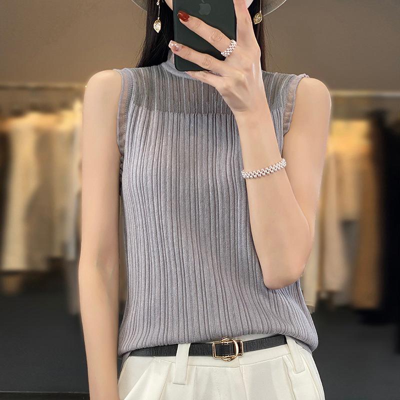 Women Vest Summer MODERN NEW SAGA Knitted T-shirt Sleeveless Basic Tees Wool Knit Tank Knit Top Turtleneck Female