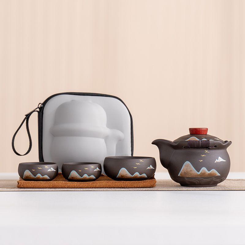 Purple sand travel tea set, hand-held brewing teapot, one pot and three cups, convenient company business activities, practical accompaniment