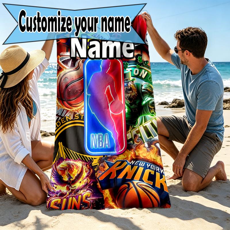 Custom Name Personalized basketball Print Beach Towel, for Trip Camping Beach Party Home Decor, Birthday Gift for Family & Friends