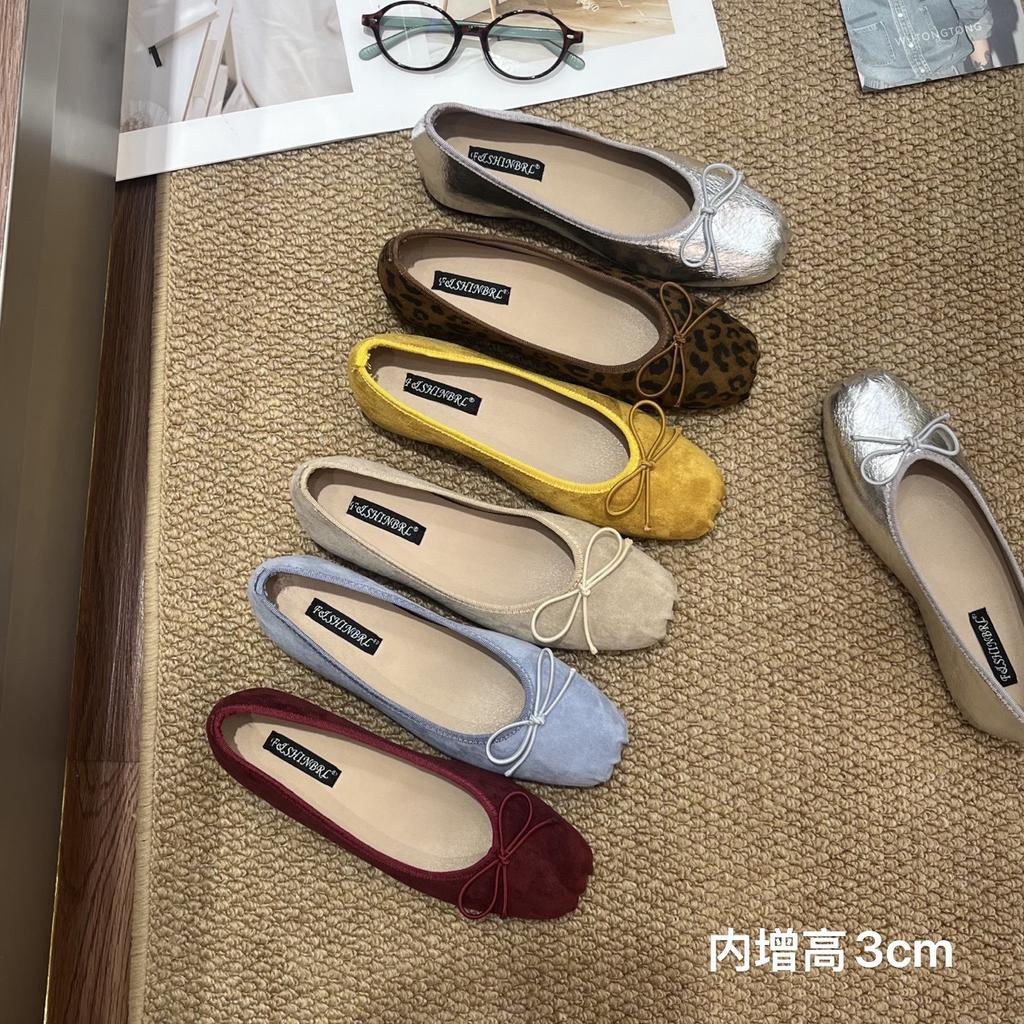 French Inner Heightening Suede Ballet Single Shoes Women's Shoes 2025 New Spring and Autumn Bow Red Evening Shoes