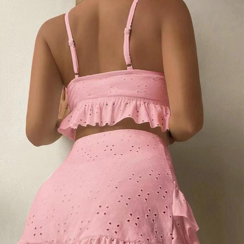 Solid Bikini Set High Waist Mesh Beach Style Swimwear Women Three-piece Flounce Summer Swimsuit Biquini Bathing Suit