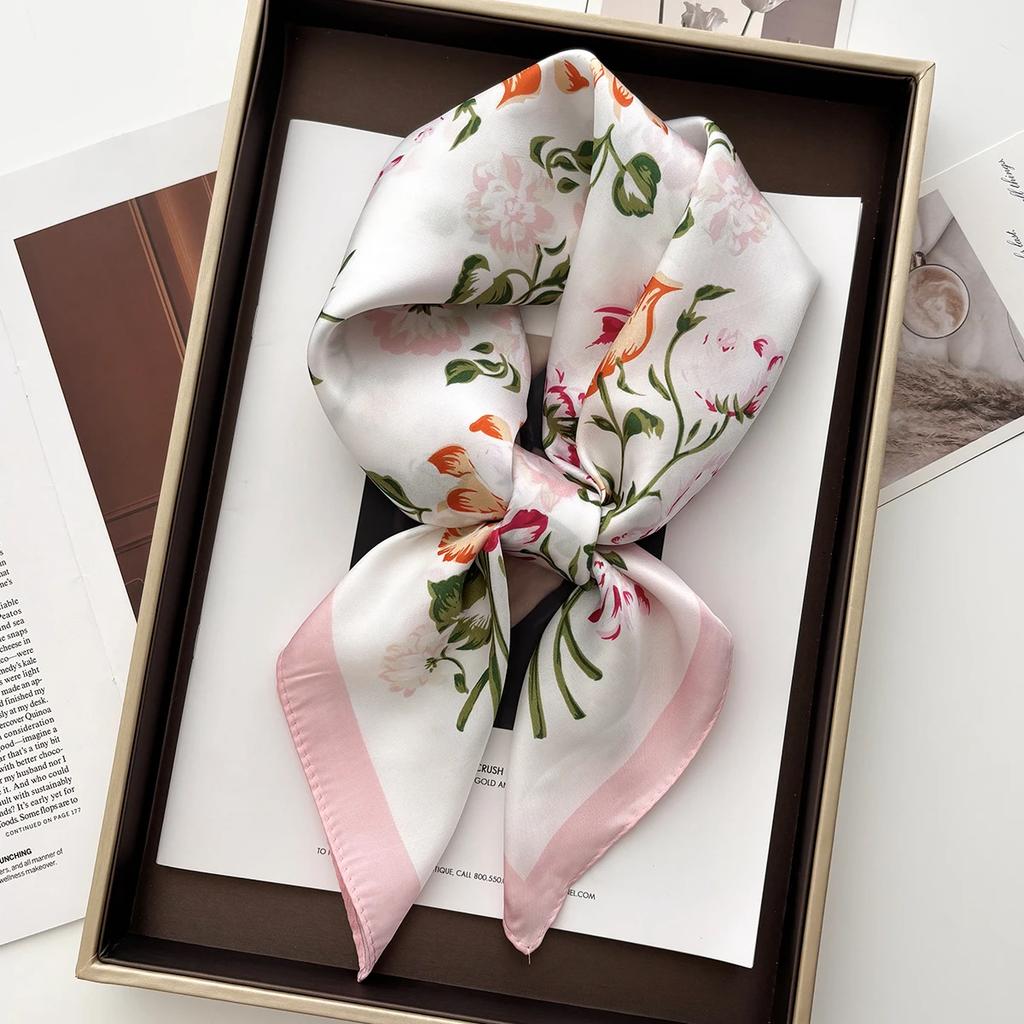 Luxury Satin Print Square Scarf Women Soft Hairband Neckerchief Office Hijab Headband Foulard Bag Ribbons Gift
