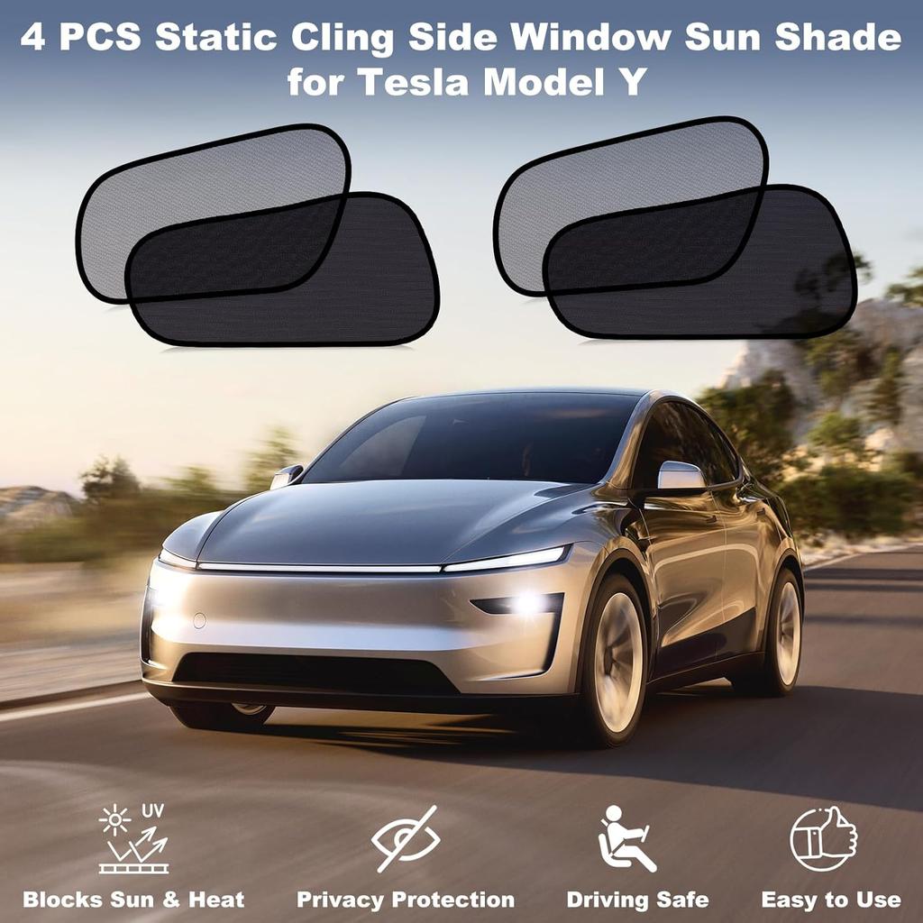 XCBYT Tesla Model Y Car Window Shades For Baby | 4 PCS Cling Side Window Sun Shade For Sun Blocker, Heat Ulation | Semi-Transparent Car Privacy