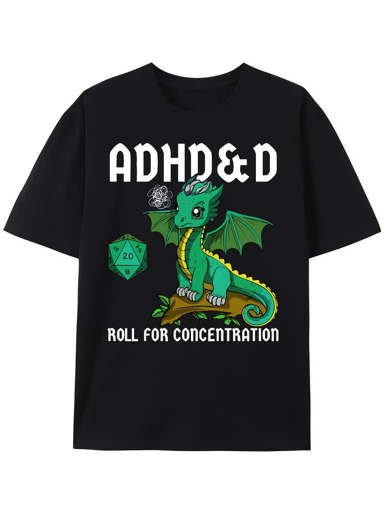 ADHD&D Roll for Concentration Gaming T-shirt - Tabletop RPG Graphic Tee with Cute Green Dragon