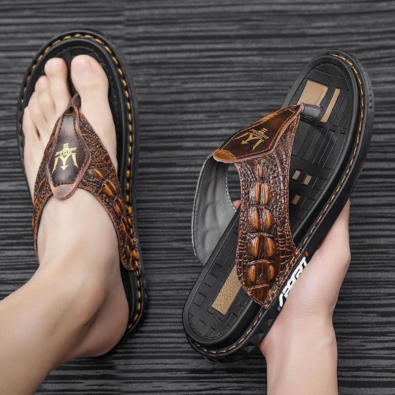 Genuine Leather Men Slippers Handmade Flip Flops Crocodile Grain Style Summer Men Casual Shoes Non-slip Outdoor Men Beach Shoes
