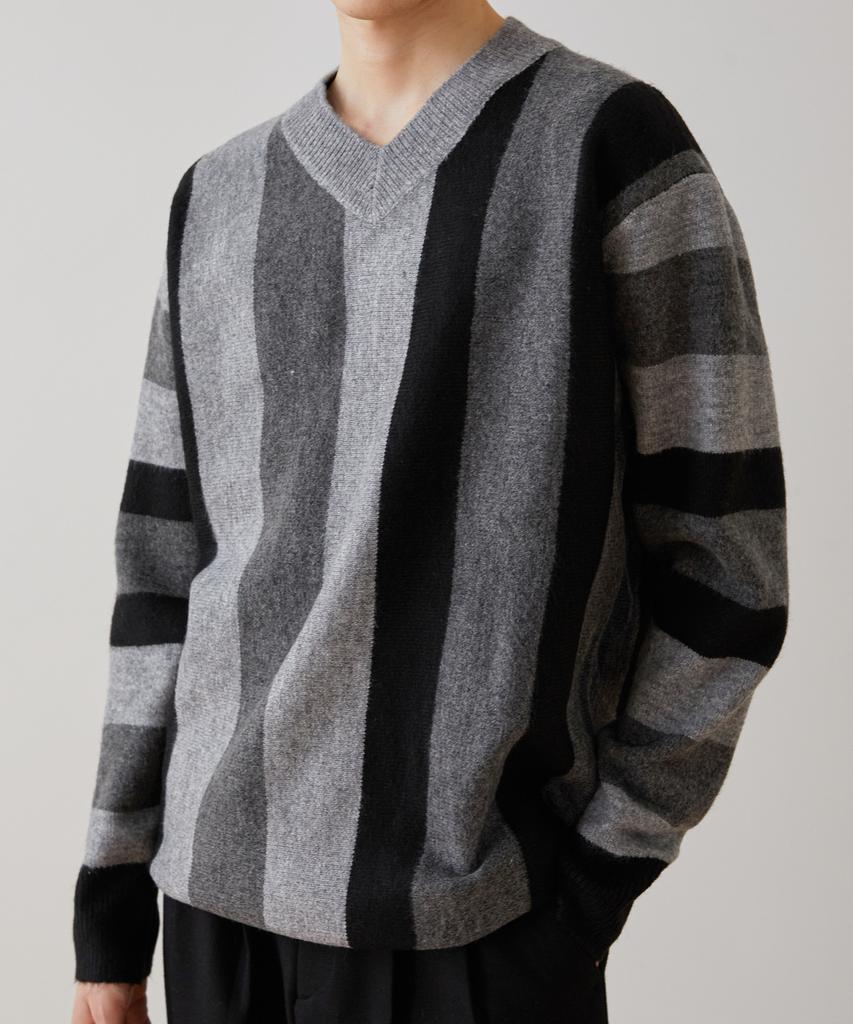 TRIP LE SENS Lambswool Multi-Stripe V-Neck Knit_Brown