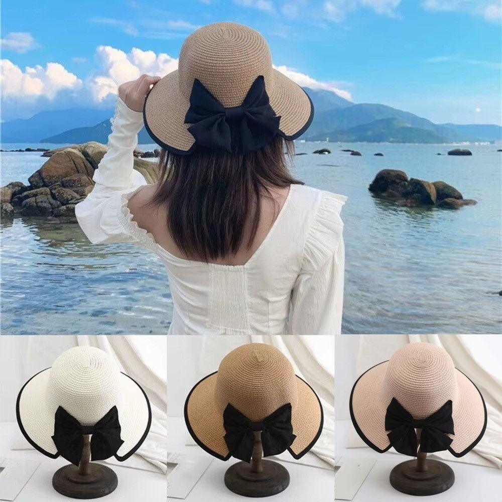 Large Bow Straw Weave Sun Hat Wide Brim Bowknot Sun Cap Fashion Sunscreen Bucket Hat Climbing