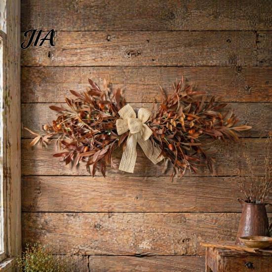 Full Artificial Autumn Wreath 23.6" Olive Wreath, Faux Fall Leaf Teardrop Swag, Door Hanger for Thanksgiving with Burlap Bow Front Door, Wall, Mantel,