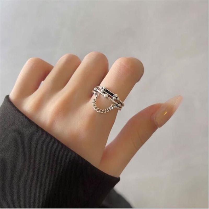 New Retro Multilayer Black Rectangular 925 Sterling Silver Jewelry Personality Geometric Domineering Chain Opening Rings Tyb31