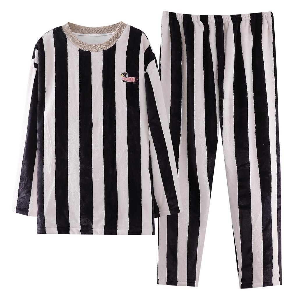 Pajamas Ladies Autumn And Winter Flannel Homewear Winter Coral Fleece Thickened Fleece Warm Striped Set