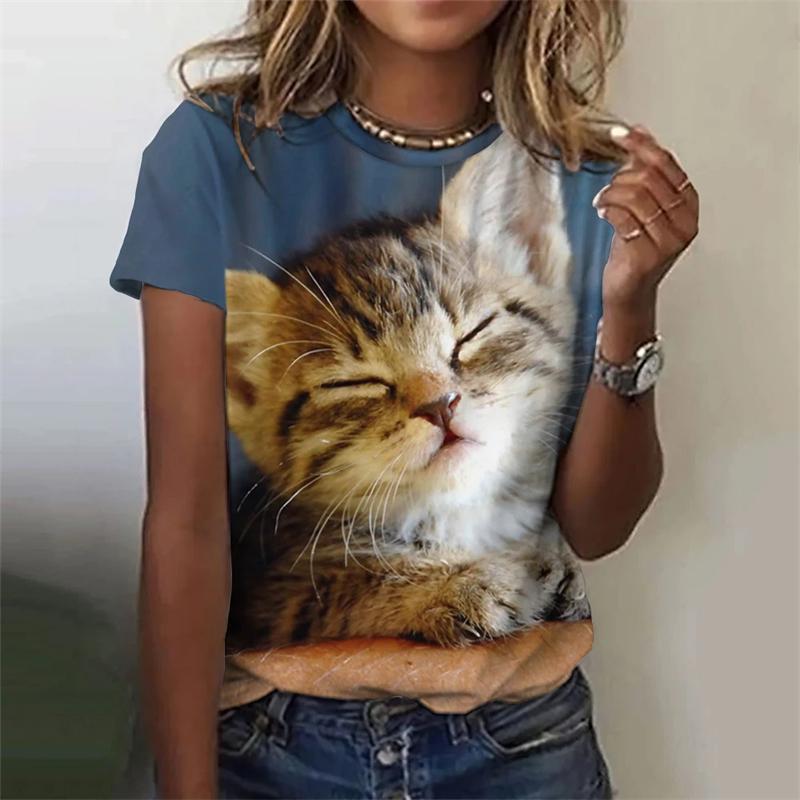 Женские футболки с забавным принтом 3D Kawaii Cat Футболки с модным круглым вырезом и коротким рукавом Топы свободного покроя Женская одежда Y2k Милая одежда