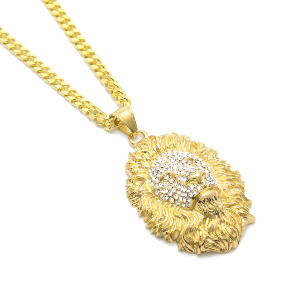 European Hip Hop Full Diamond Lion's Head Pendant Necklace Men's Personality Diamond Animal Stainless Steel Cuban Link Chain Accessories
