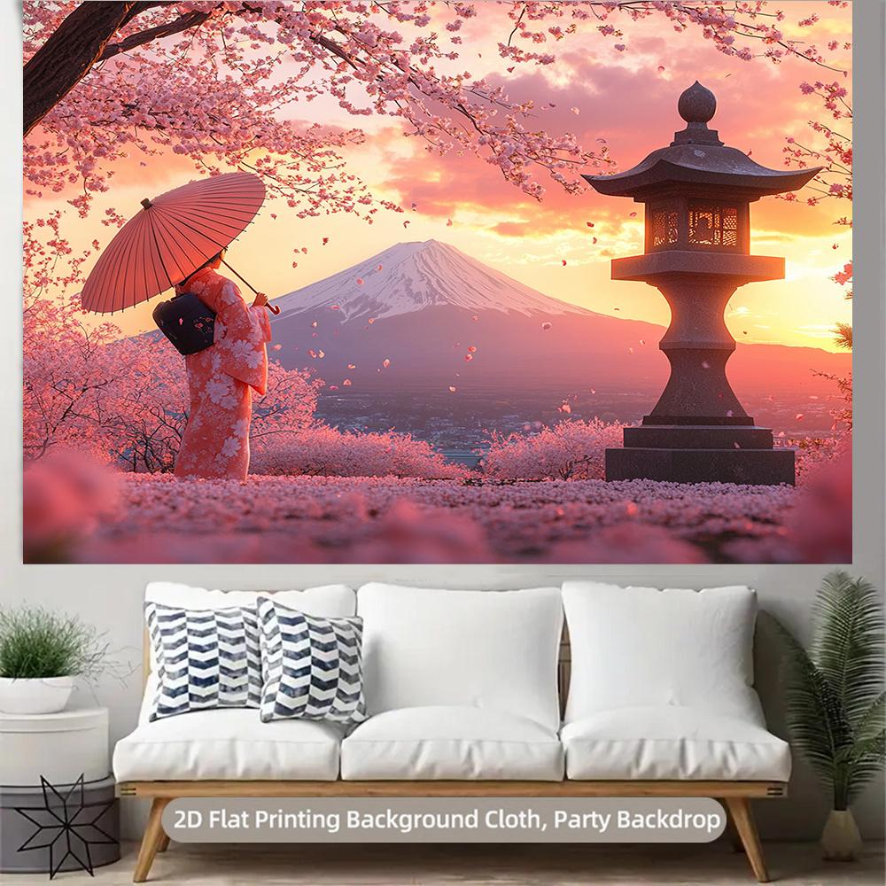 2D plane Fuji Mountain cherry blossom-themed background fabric enhances both indoor and outdoor atmosphere polyester fiber