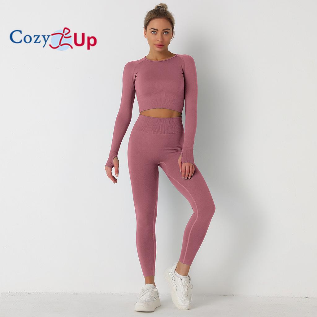 Cozy Up Тренировочные комплекты для женщин из 2 предметов для занятий йогой, бесшовные ребристые леггинсы с топами с длинными рукавами