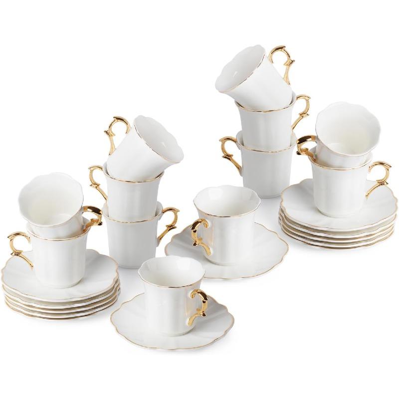 Чашки и блюдца для эспрессо, 2,4 унции, Набор из 12 штук, Золотой ободок, Чашки для эспрессо демитас, Фарфоровые чашки для эспрессо с блюдцем
