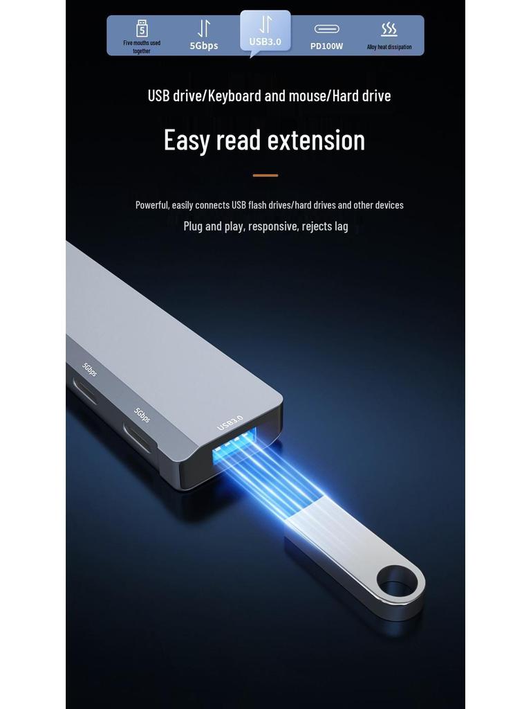 Хаб Type-C «пять в одном»: Быстрая зарядка PD100W с расширением USB3.0/Type-C.