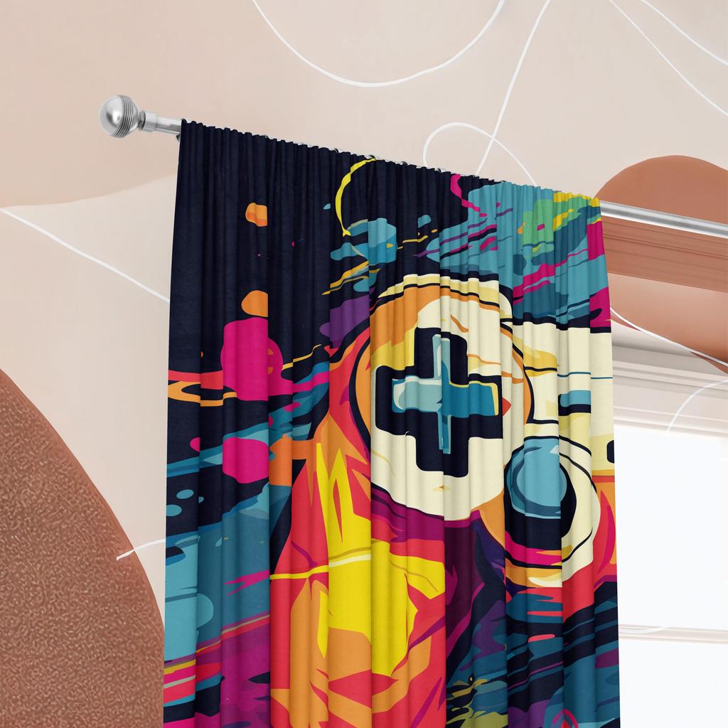 2 Pieces - Gamepad - Printed Curtain - Polyester Material - Suitable for Bedroom, Living Room, Study, Private Space