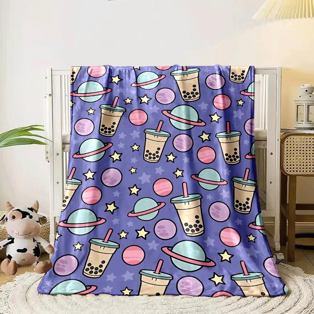 Bubble tea cups, planets, and stars on a purple background. for all seasons blanket lunch break throw gift
