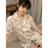 Faux Silk Women's Flower Pajamas Set Button Down Top & Shorts 2 Pieces Set Satin Nightwear Loungewear for Summer Sleepwear