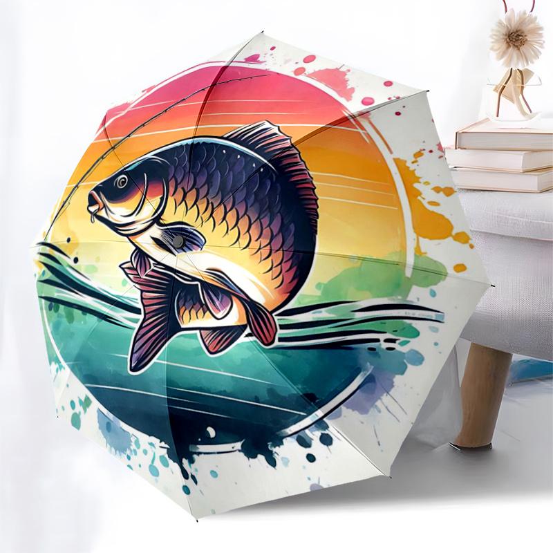Colorful Fish Sunset Design Automatic Opening/Closing Umbrella with Foldable Design - Perfect for Fans, Travelers, Daily Use, and Festive Gi