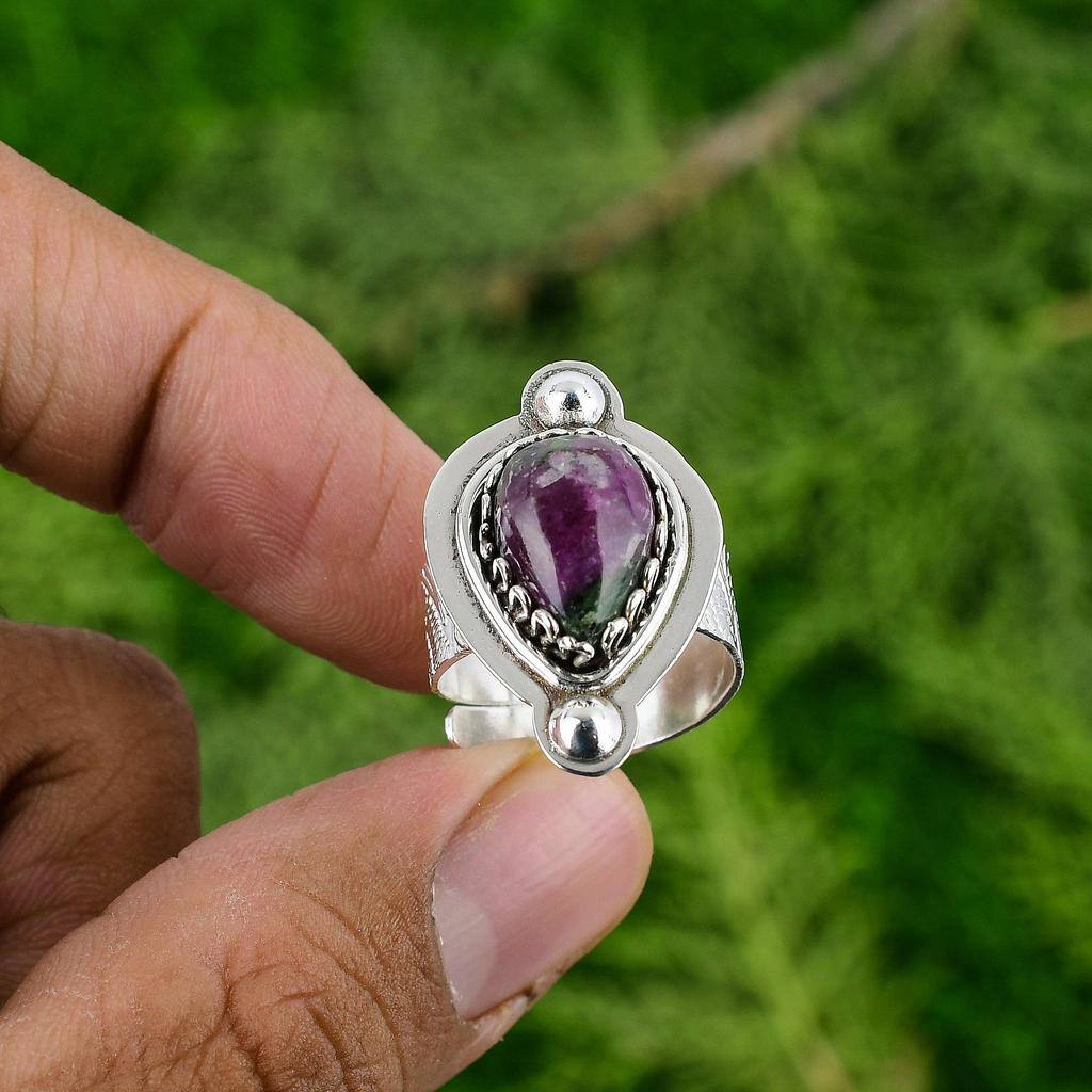 Подарок для женщин Кольцо-солитер регулируемого размера Серебро 925 пробы Натуральный рубин Цоизит