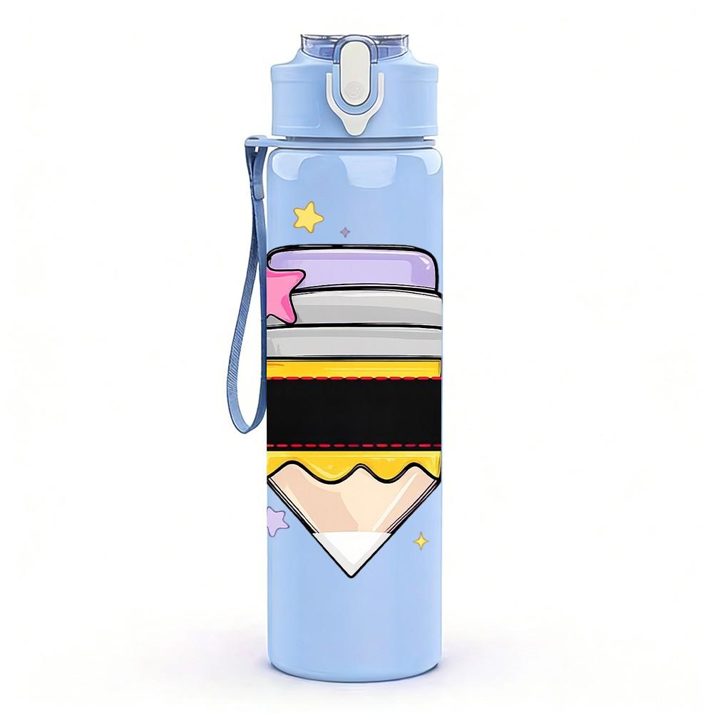 1PC Color Pencil Stack School Art Print 750ml Color Plastic Sports Water Bottle Leakproof Flip Straw Lid Suitable for Sports Office Home Use