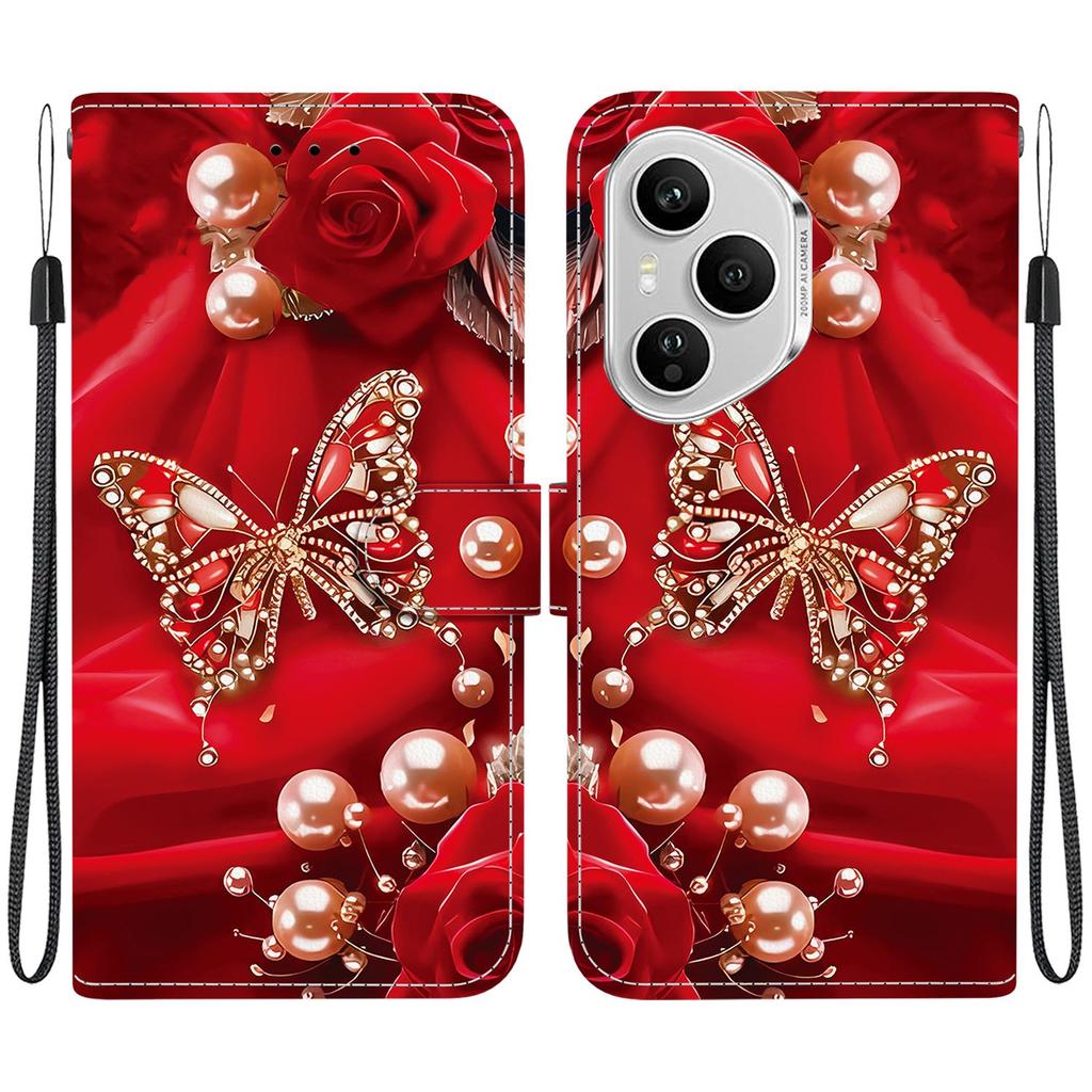 Для Honor 400 Pro 5G (Глобальный) Кожаный чехол-подставка-кошелек с принтом и ремешком на запястье