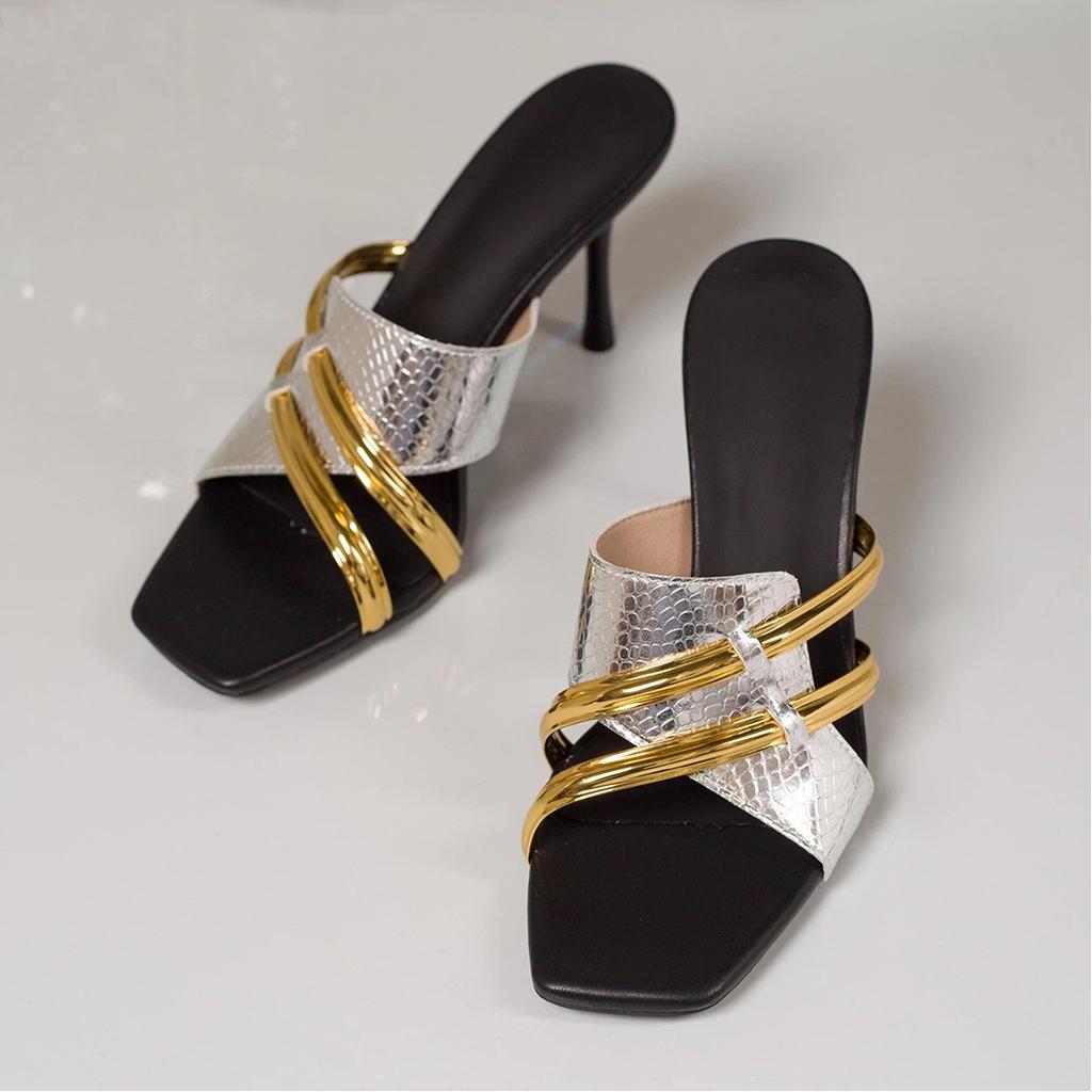 One Line Solid Color Women's Plus Size Slim Heel Square Toe Super High Heels Sandals