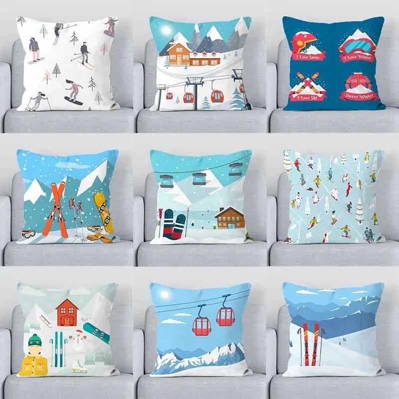 Ski Resort Ski Props Printed Decoration Office Decoration Cushion Cover Home Pillowcase Square