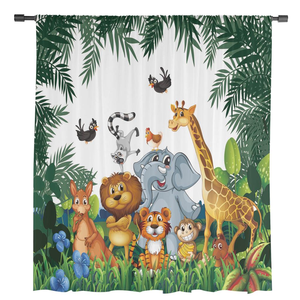Tropical Jungle Cartoon Animal Giraffe Lion Elephant Sheer Curtains Room Decoration Window Curtains Kitchen Tulle Voile Curtains