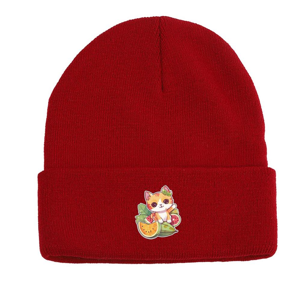Cat Fruit Print Knit Cap Beanie, Skullies Beanies Winter Stretchy Sporting Bonnet Knitted Hat Beanie