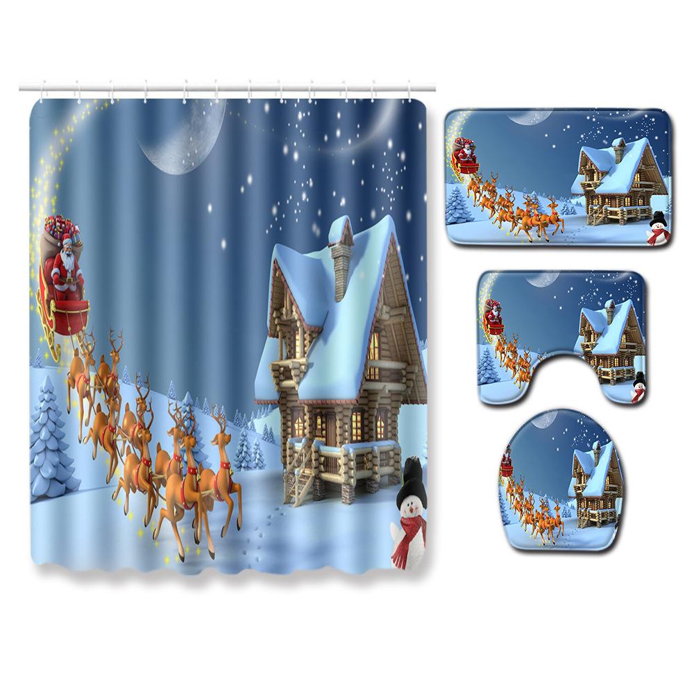 Christmas Shower Curtain Floor Mat Combination Four-Piece Set Bathroom Toilet Carpet Shower Room Mat Foot Mat