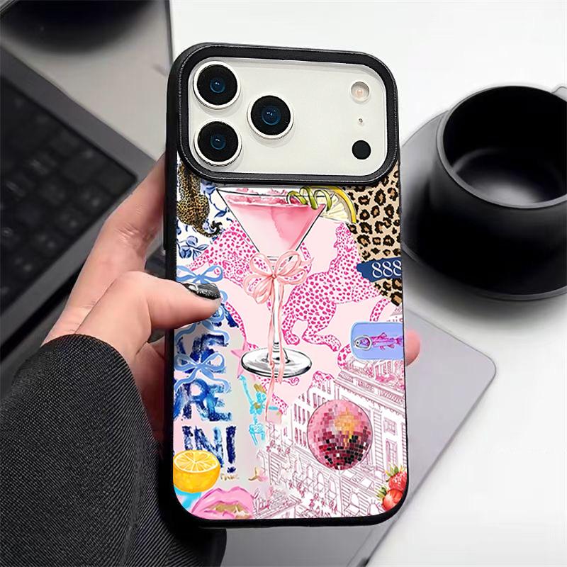 For iPhone 17 Pro Max Case Luxury Pink Goblet Bowknots Disco Ball Pattern Leather Texture Silicone Cover For iPhone 16 Pro Max 15 14 13 12 11 16E Air