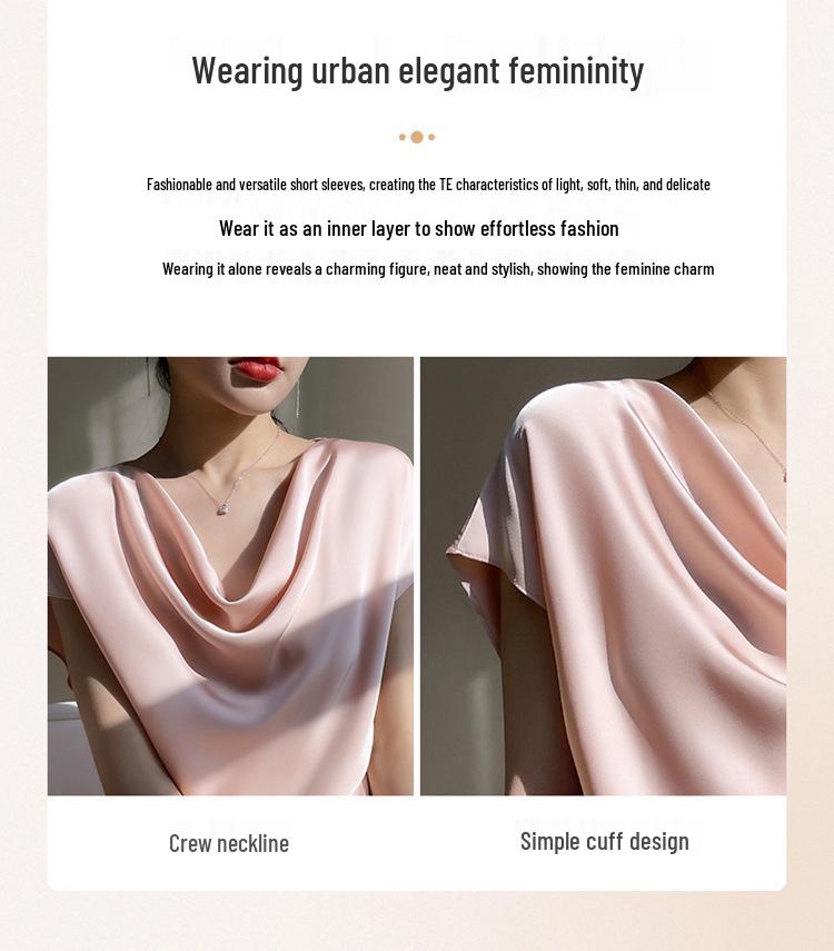 Women's Plus Size Cowl Neck Ice Silk Short Sleeve Loose-Fit Top