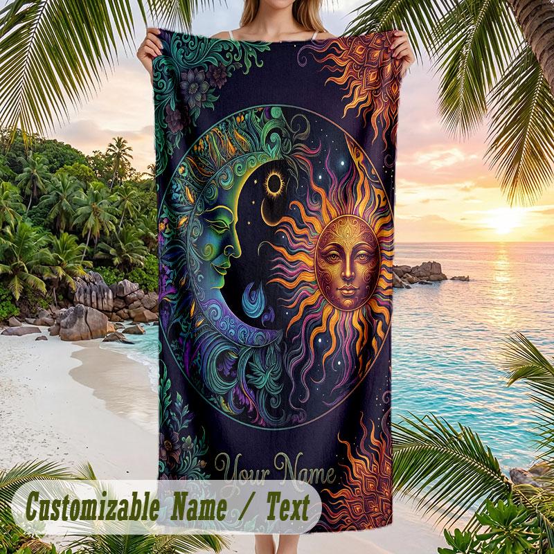 Sun Moon Art Theme Quick Dry Beach Towel Custom Name Text Print Large Sand Resistant Towel Beach Vacation