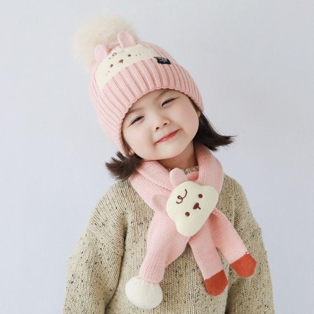 2Pcs Thickened Knitted Beanies Hat Kawaii Kid Pullover Cap Fashion Cartoon Warm Scarf Infant