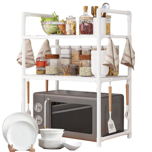 Microwave Rack, Adjustable Microwave Stand - Kitchen Countertop Utensil and Cutlery Organizer | Adjustable Countertop Utility Storage Rack with Hooks