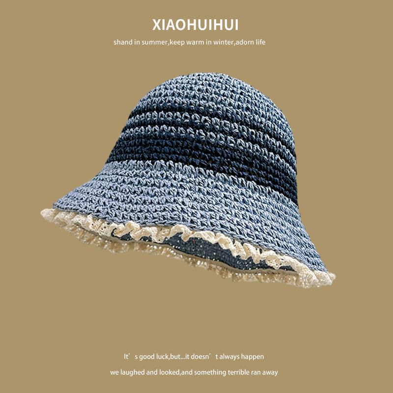 Корейская версия Поездка на пляж Универсальный солнцезащитный козырек Шляпа рыбака Женская Смешанный цвет Кружево Пляжная защита от солнца Соломенная шляпа Тренд
