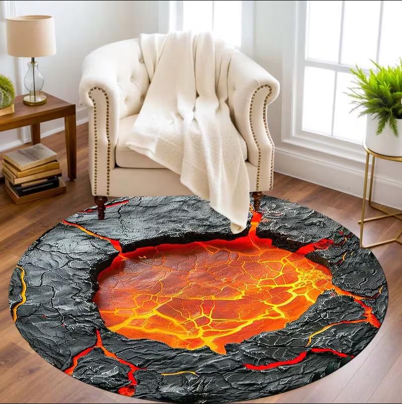 Dangerous 2D Lava Crack Printe Round Rug Carpet Floor Mat Door Mat Entrance Mat for Home Decoration Bedroom Decoration