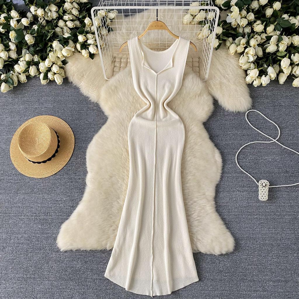 Foamlina Pure Color Knitting Dress для женщин Элегантный V-образный вырез без рукавов Летняя мода Тонкий вырез вечернее длинное платье