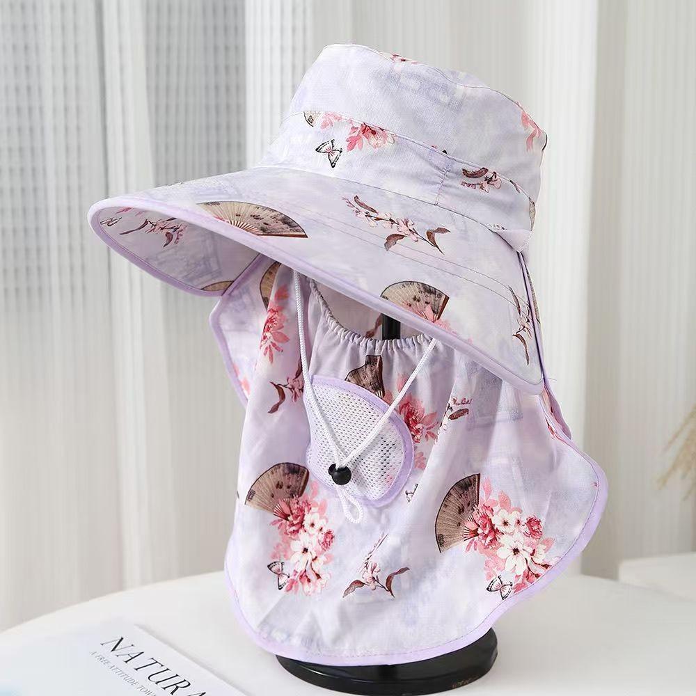 Pattern Flower Fan Women Breathable Sunshade Hat With Detachable Face Mask