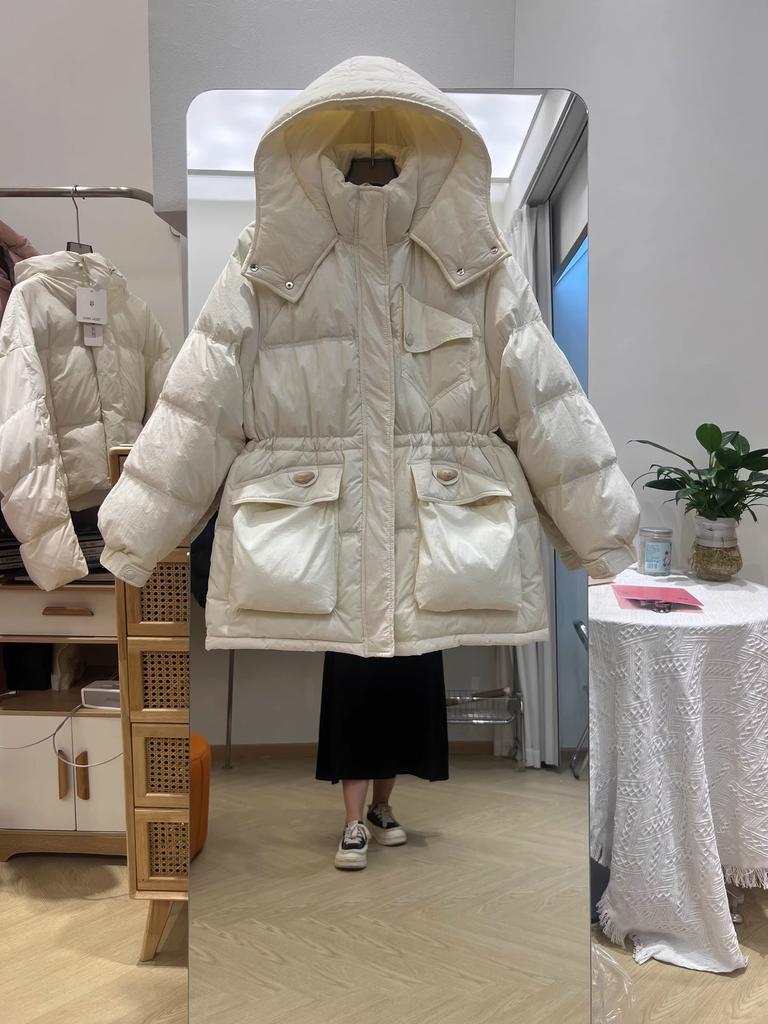 Пуховик женский средний и длинный с капюшоном новый утолщенный пояс свободный теплый белый утиный пуховик прилив
