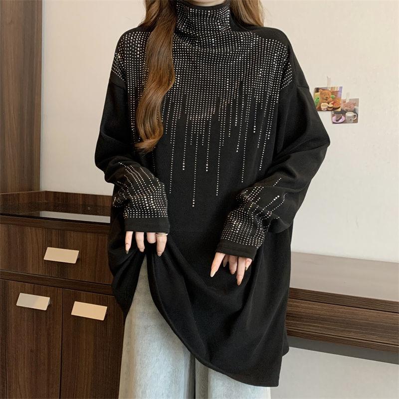 Women's Clothing Autumn Winter Korean Fashion Rhinestone Thick Warm Basic T-shirts High Collar Black Oversized Long Sleeve Tops